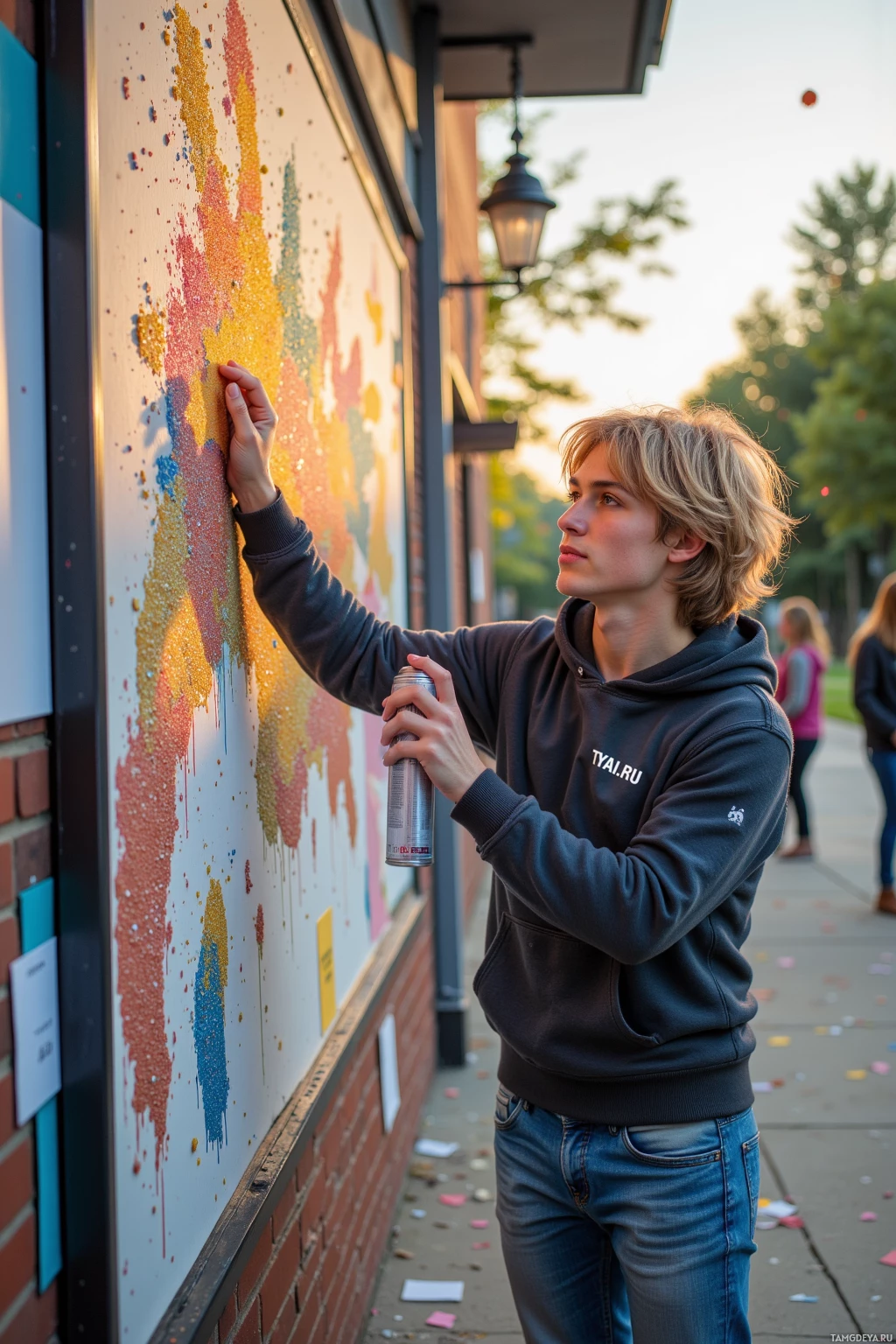 A person is spray painting colorful patterns on a wall outdoors during sunset.