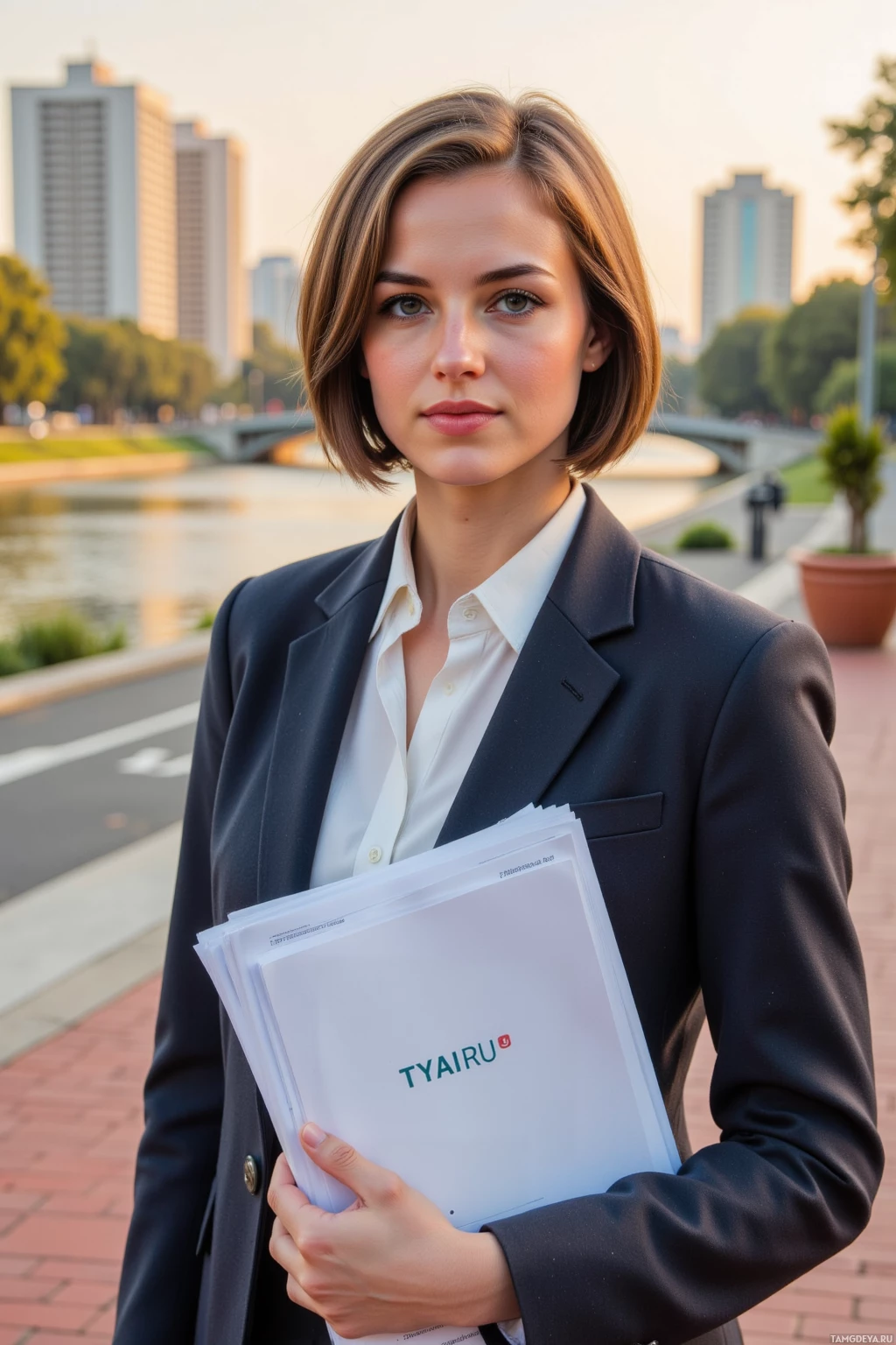 A person in formal attire holds documents with "TYAIRU" printed on them while standing outdoors near a river and cityscape.