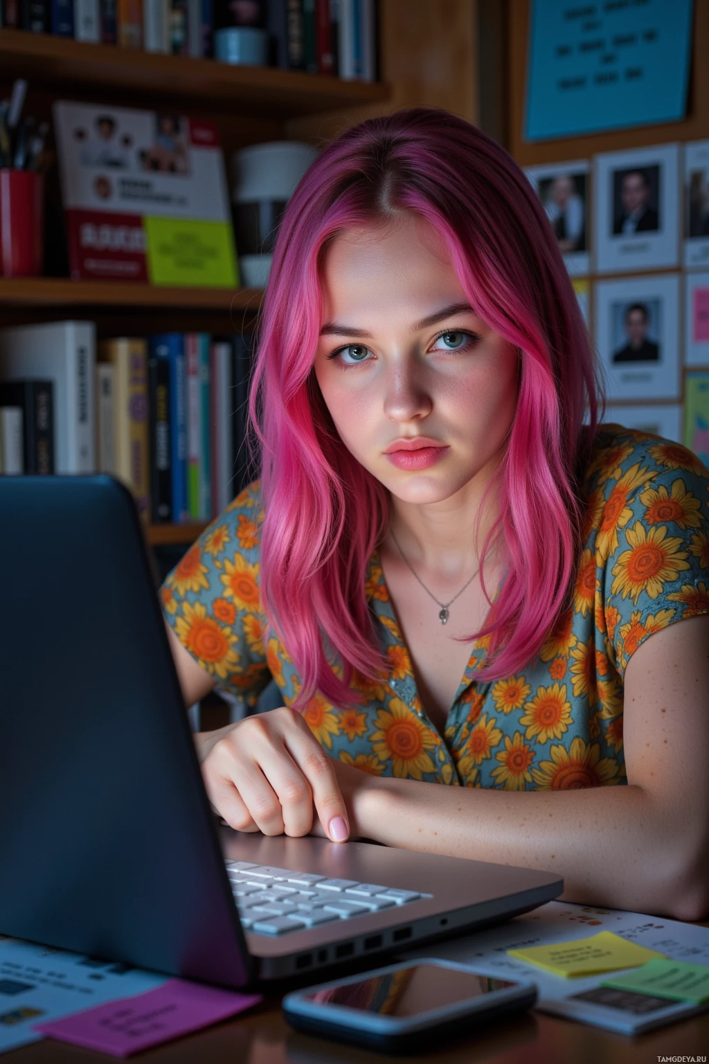 A person with pink hair sits at a desk using a laptop in a study area filled with books and personal items.