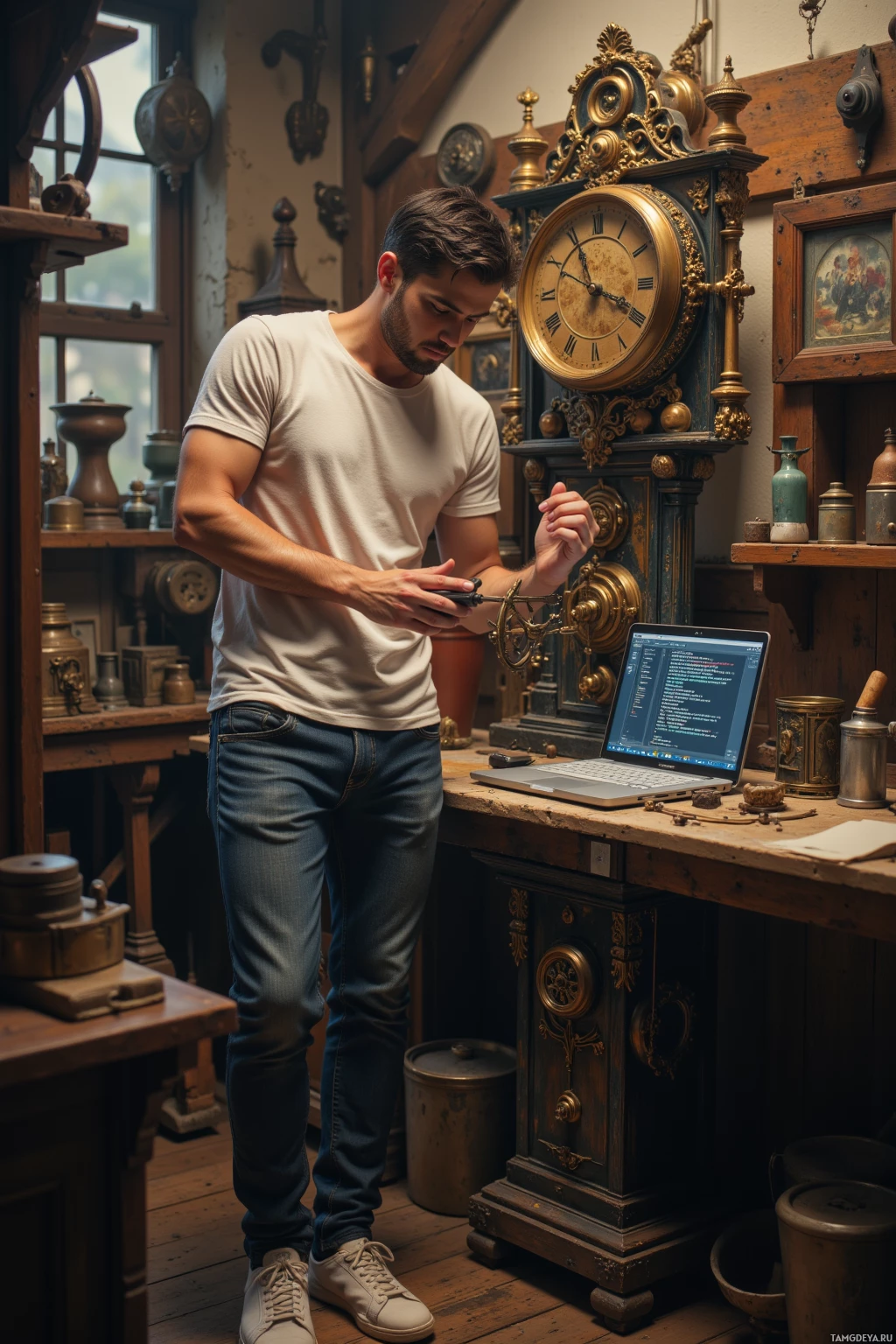A man stands in an antique shop, examining a clock while using a smartphone and laptop nearby.
