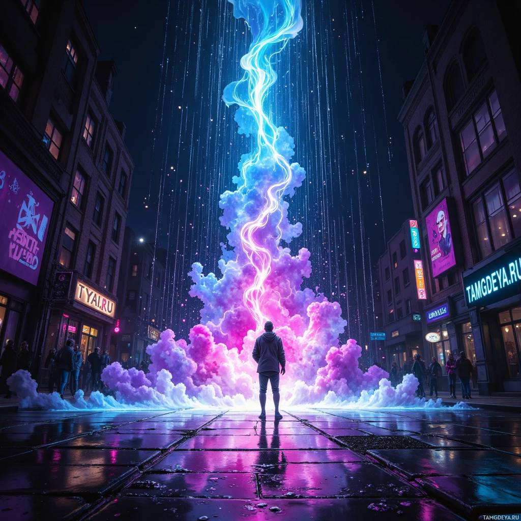 A person stands on a wet street at night under a vibrant, colorful sky with lightning and clouds.