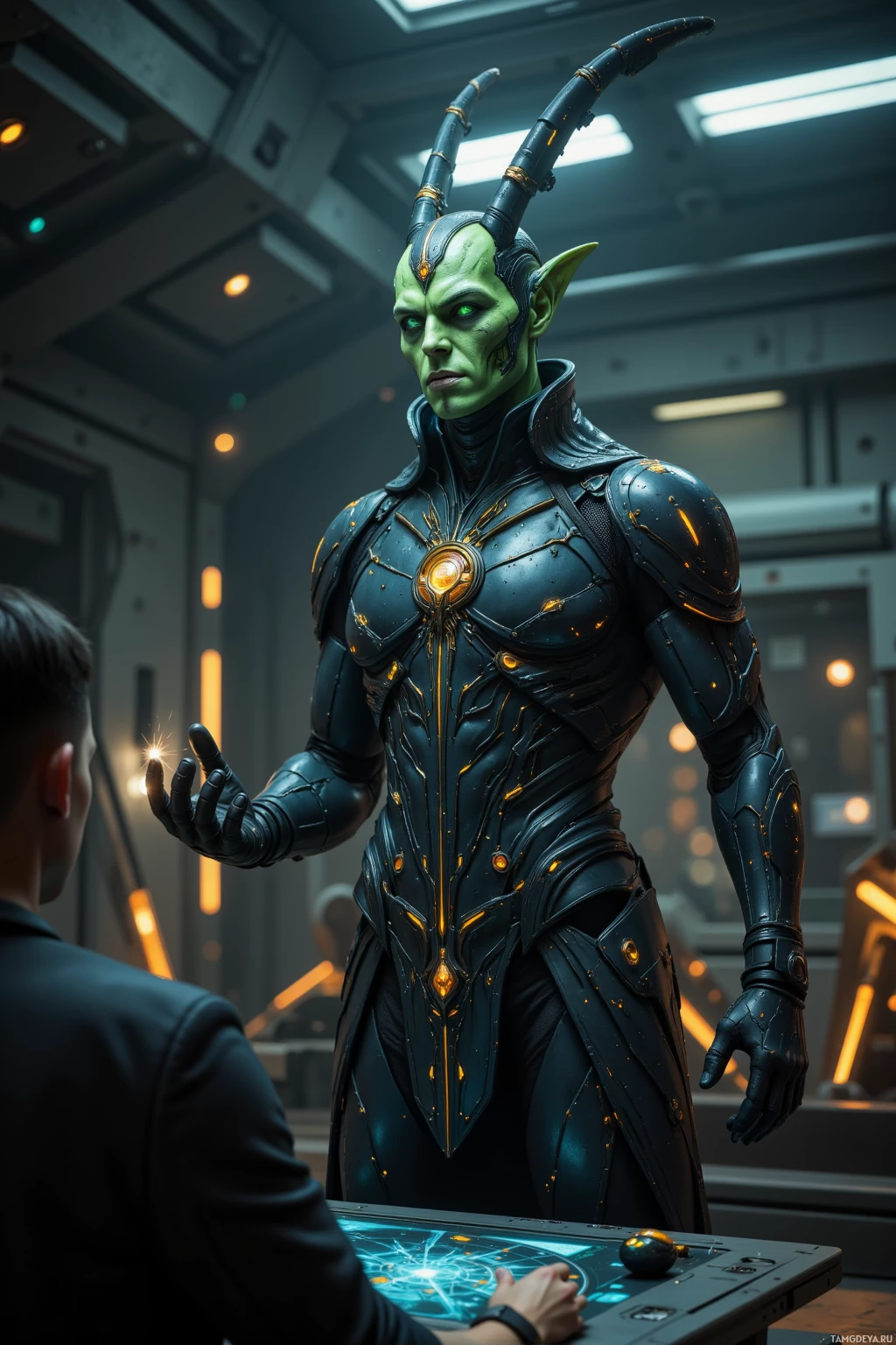 A green-skinned character in futuristic armor stands in a high-tech room, interacting with another person at a control panel.