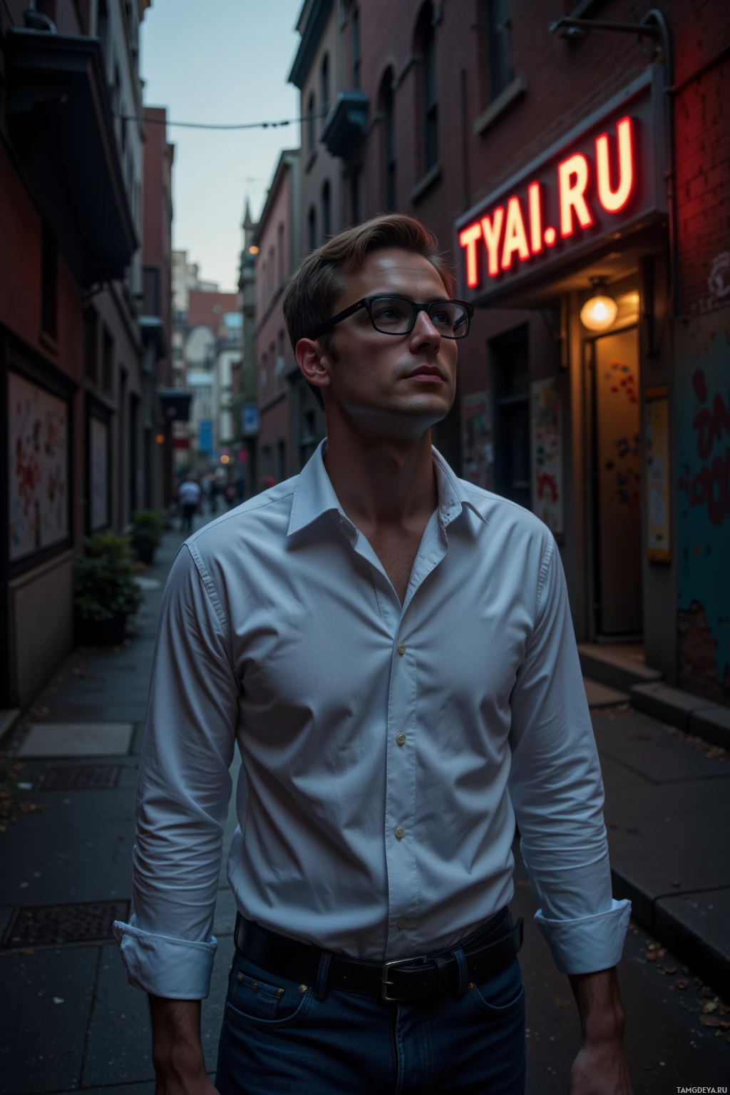 A person in a white shirt and jeans stands on a street with a neon sign reading "TYAI.RU" above them.