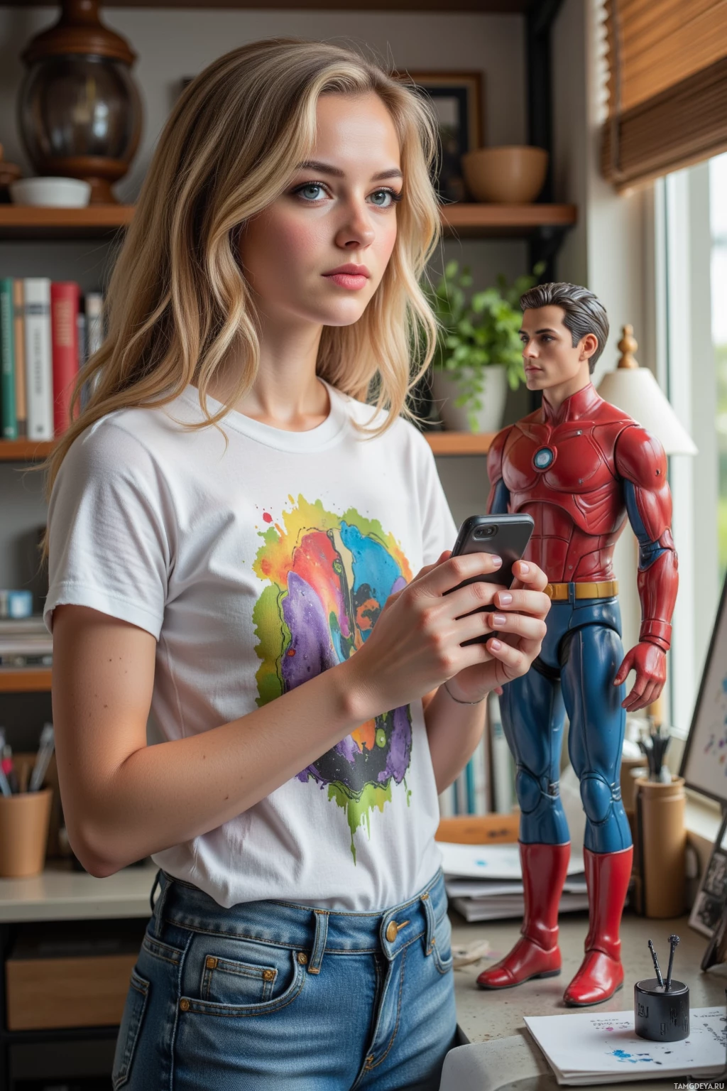 A person wearing a white t-shirt with a colorful graphic and jeans is holding a phone, with a superhero figure in the background.
