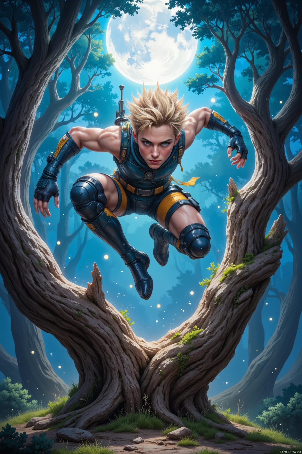 A character in futuristic armor leaps through a forest under a full moon.