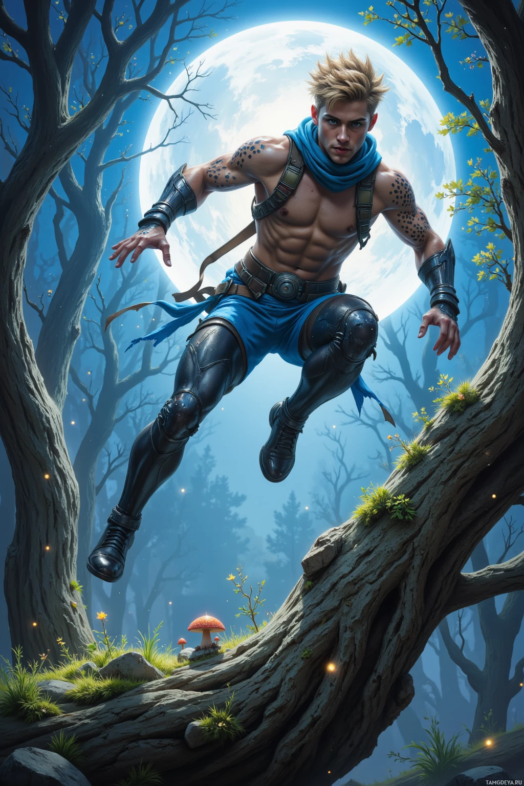 A muscular man in combat attire leaps through a mystical forest under a full moon.