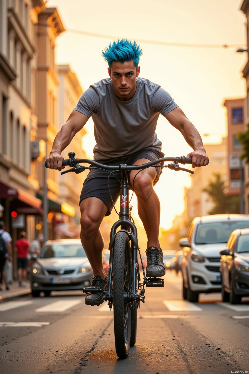 A person with blue hair rides a bicycle on an urban street at sunset.