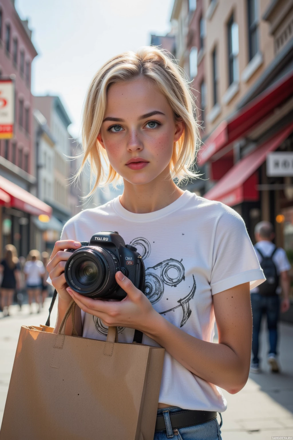 A person holding a camera and shopping bag stands on a street with buildings in the background.