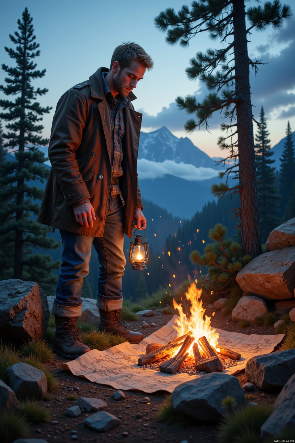 A person stands by a campfire, holding a lantern, with a scenic mountain backdrop.