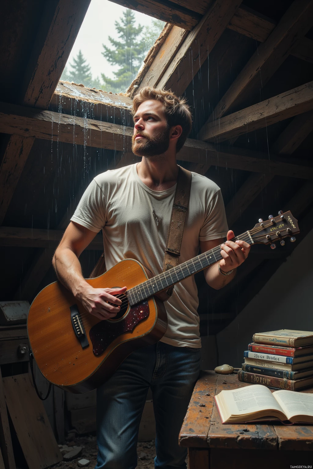 A person stands in a rustic attic, holding an acoustic guitar, with rain pouring in from a broken window.