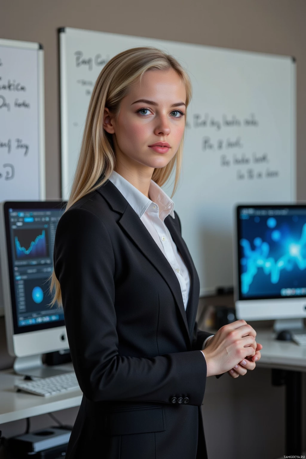 A woman in professional attire stands with her hands clasped in front of her, surrounded by office equipment and whiteboards.