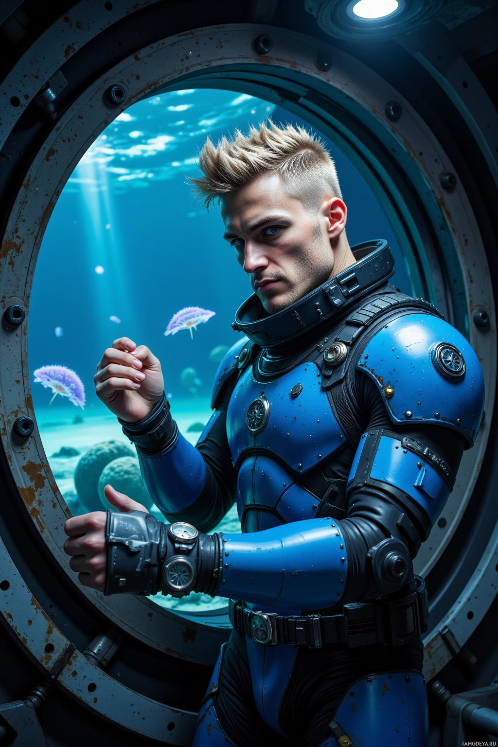 A person in a blue and black diving suit is seen through a porthole, gazing at marine life underwater.