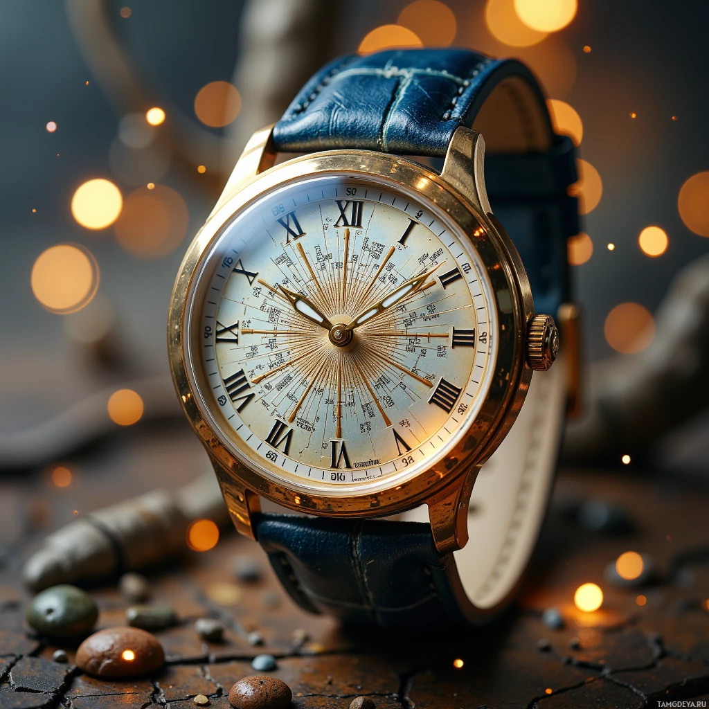 A close-up of an ornate wristwatch with Roman numerals and intricate detailing on its face.