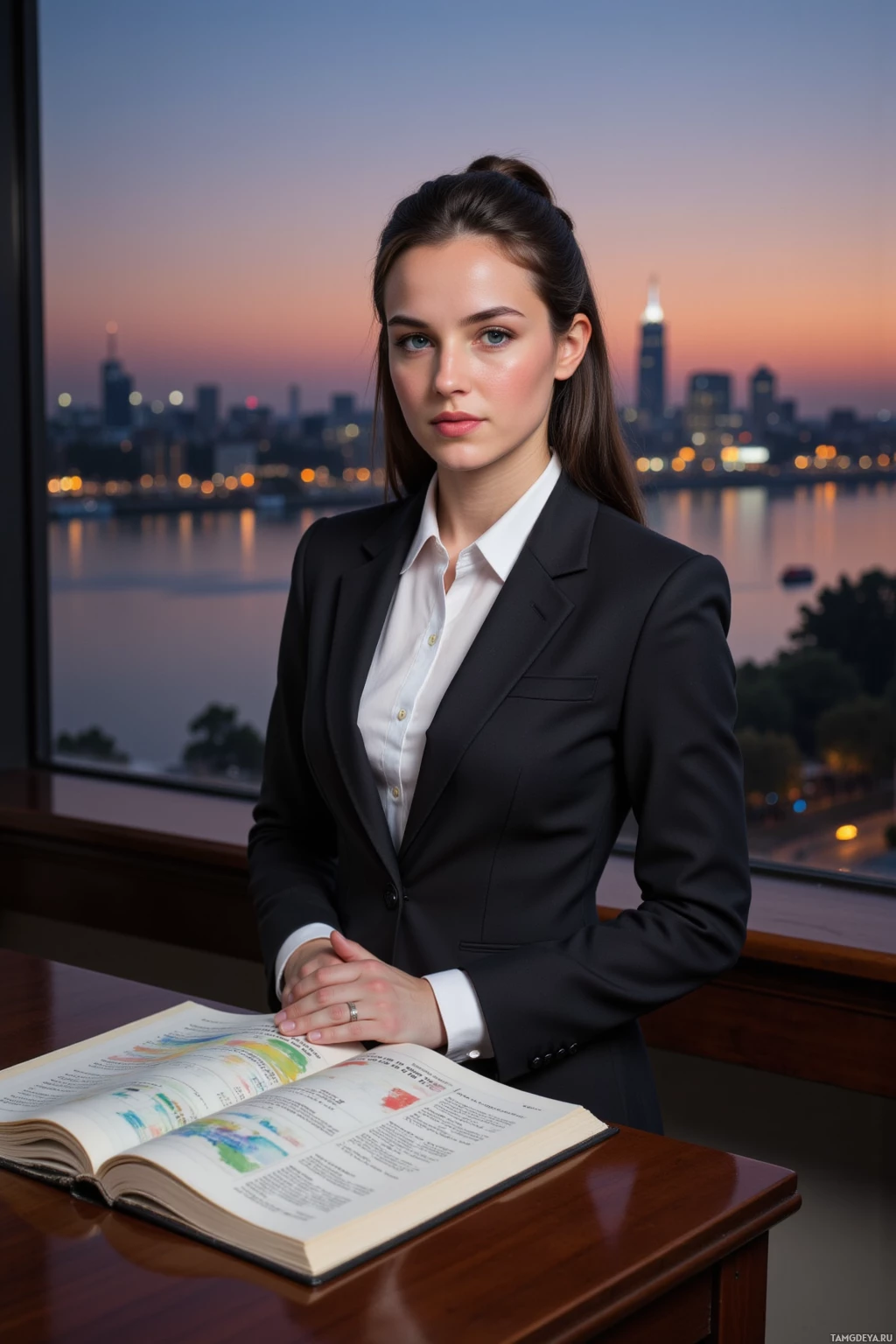 A person in a business suit stands behind a desk with an open book, overlooking a cityscape at dusk.