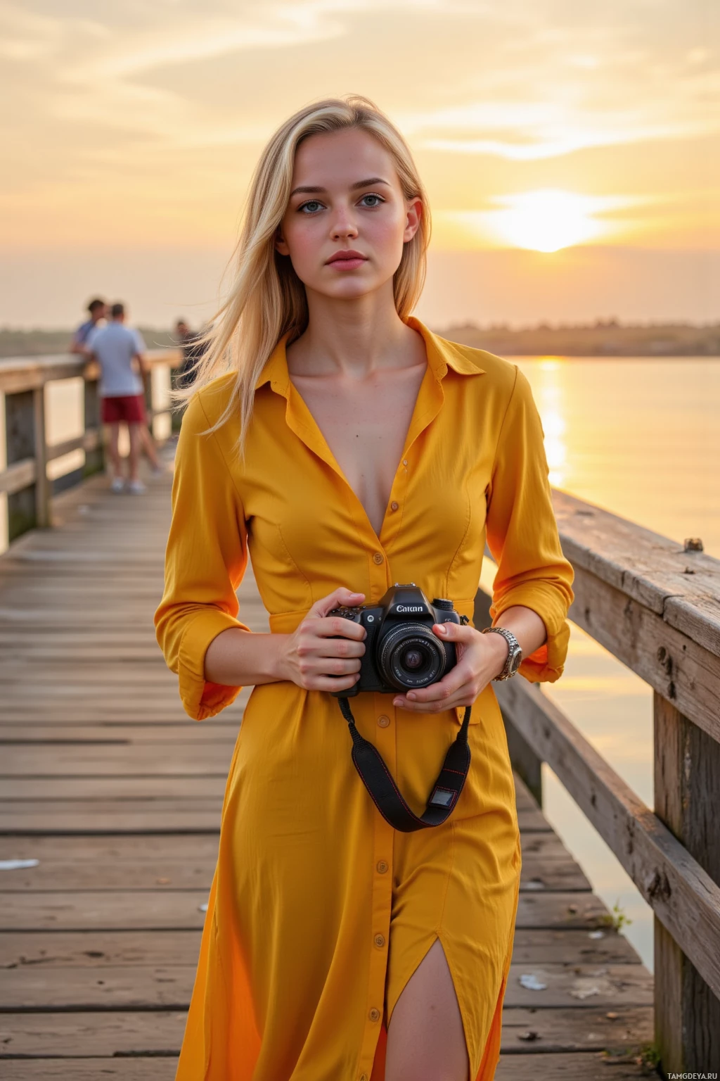 A person in a yellow dress holds a camera on a wooden pier at sunset.