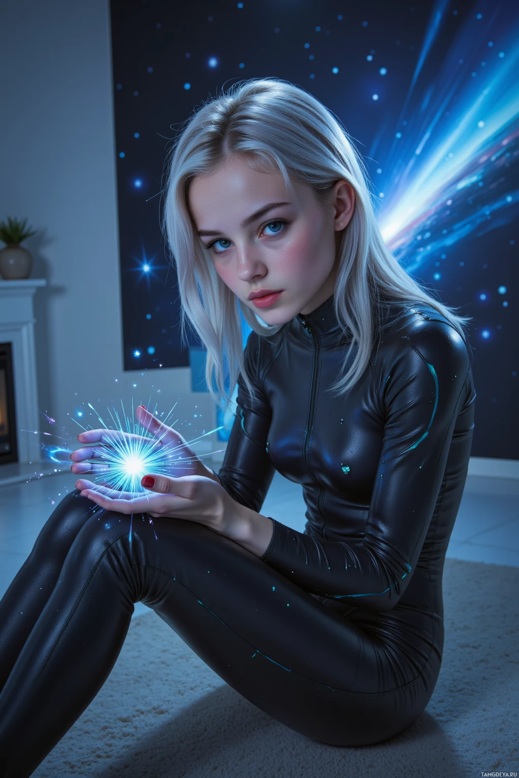 A person in a black outfit holds a glowing, sparkly object in their hands.