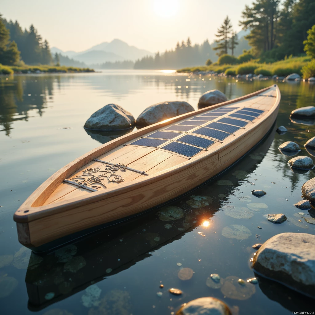 A wooden canoe with solar panels floats on calm water surrounded by rocks and trees at sunrise or sunset.