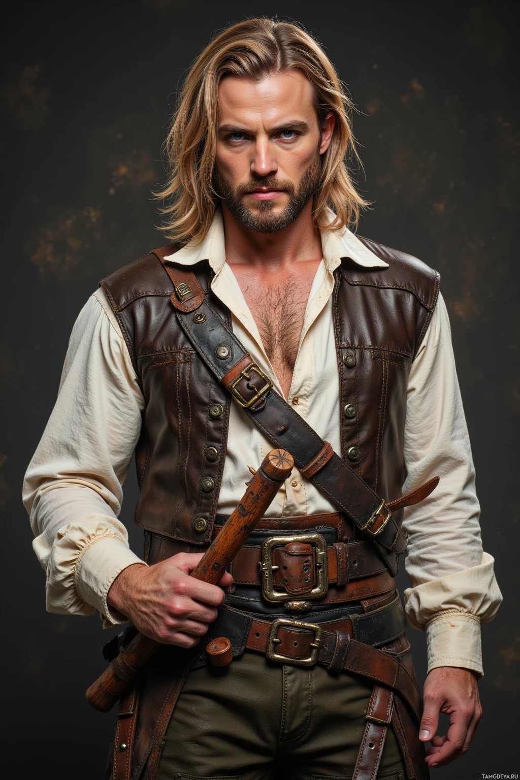 A man in a historical outfit with a leather vest and a rifle.