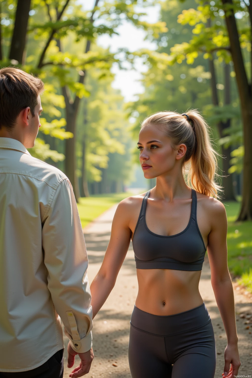 A woman in athletic attire stands outdoors with another person, surrounded by greenery and sunlight.