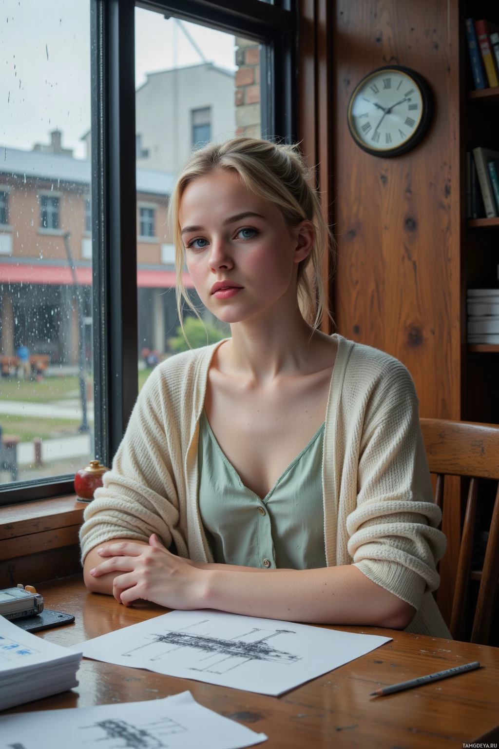 A person sits at a desk with a sketchbook, looking out a window on a rainy day.