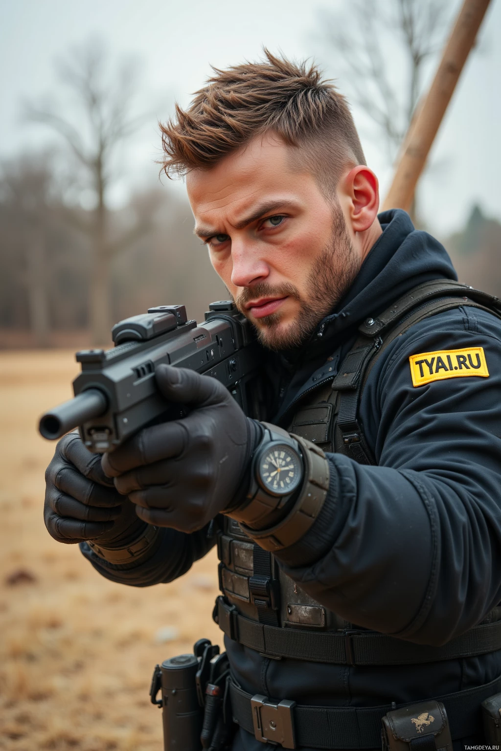 A person in tactical gear holds a firearm, aiming forward.