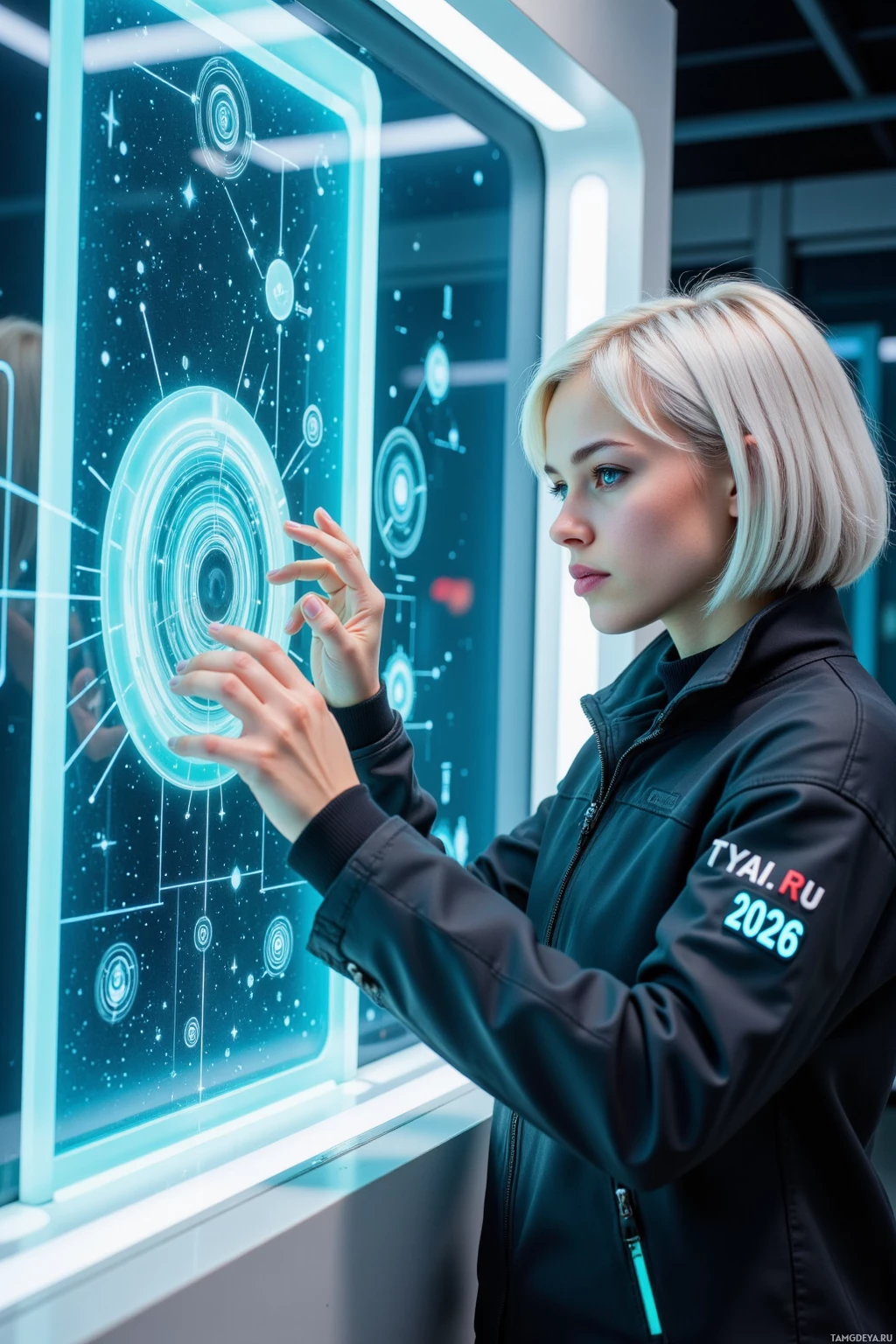 A person in a futuristic setting interacts with a digital interface.