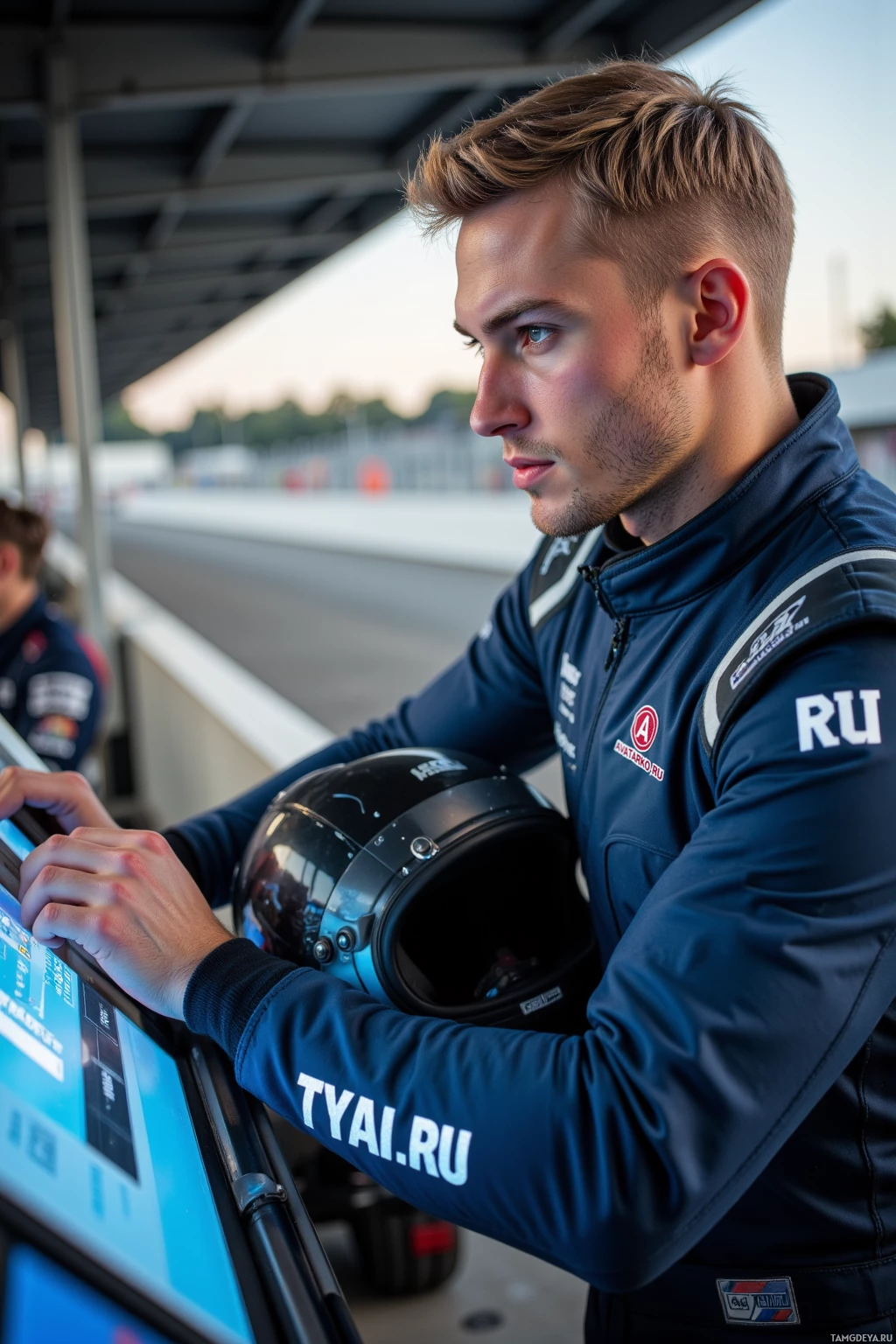 A person in racing attire is leaning on a railing while holding a helmet and interacting with a digital display.