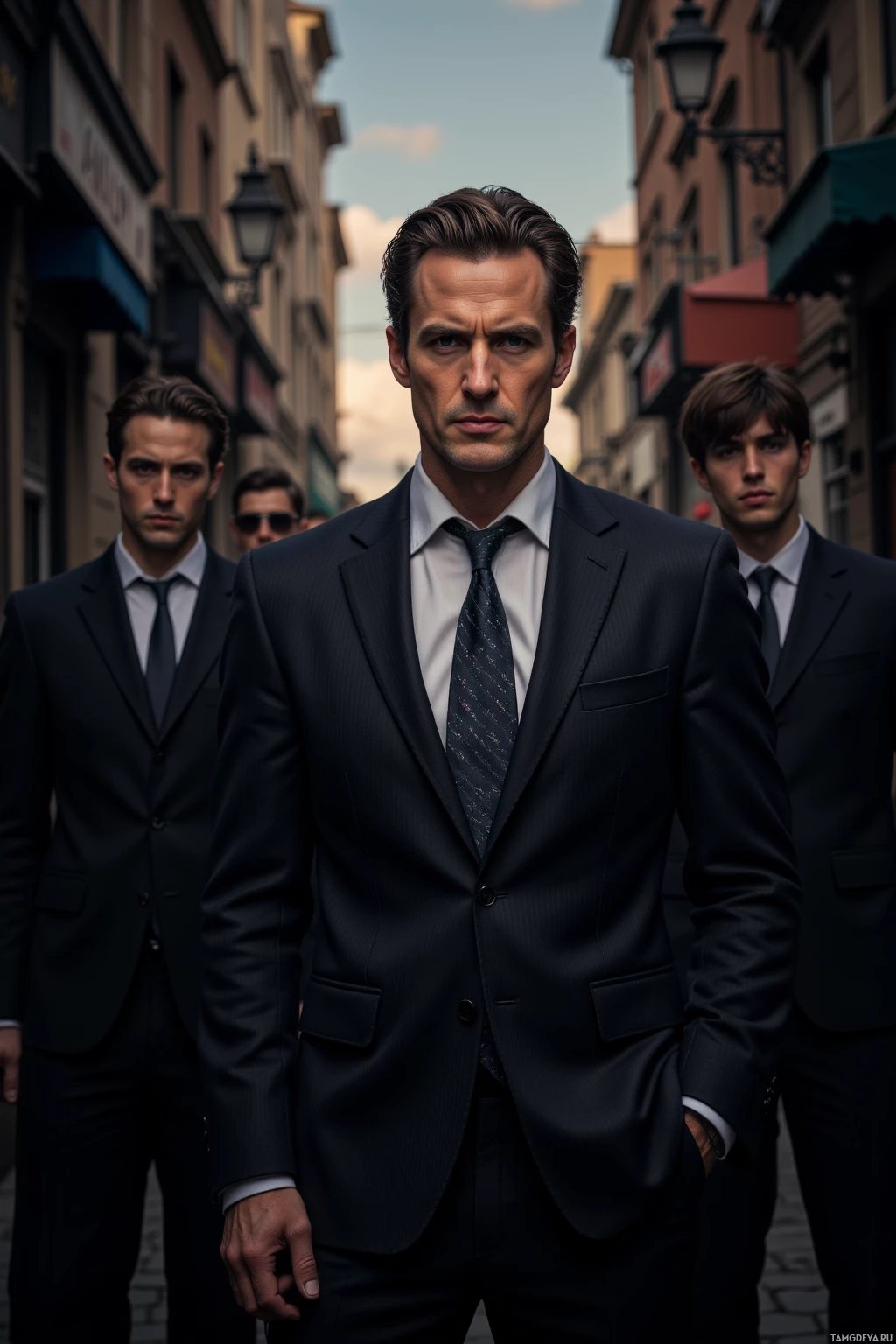 A group of men in suits stands on a street, with one man in the foreground looking directly at the camera.