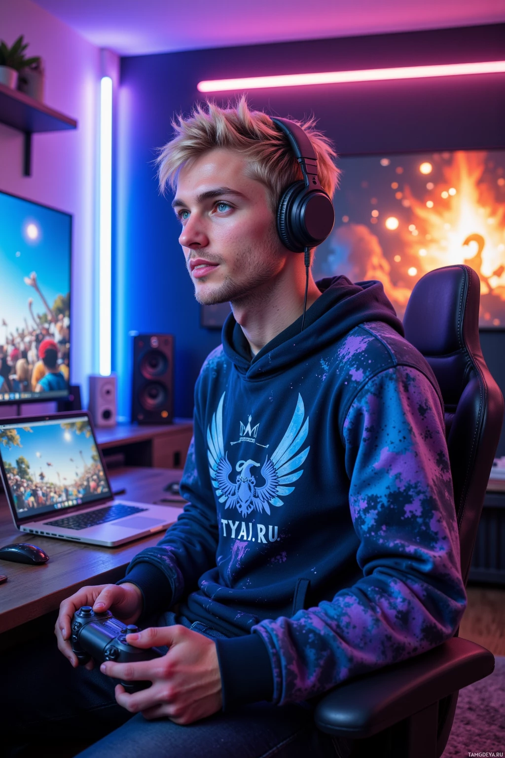 A person wearing headphones and a hoodie is sitting in a gaming chair, holding a controller, with a laptop and monitor in the background.