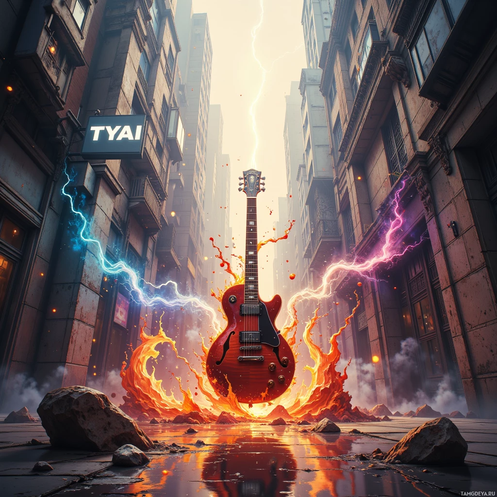 A fiery electric guitar bursts through an urban alleyway amidst lightning and smoke.