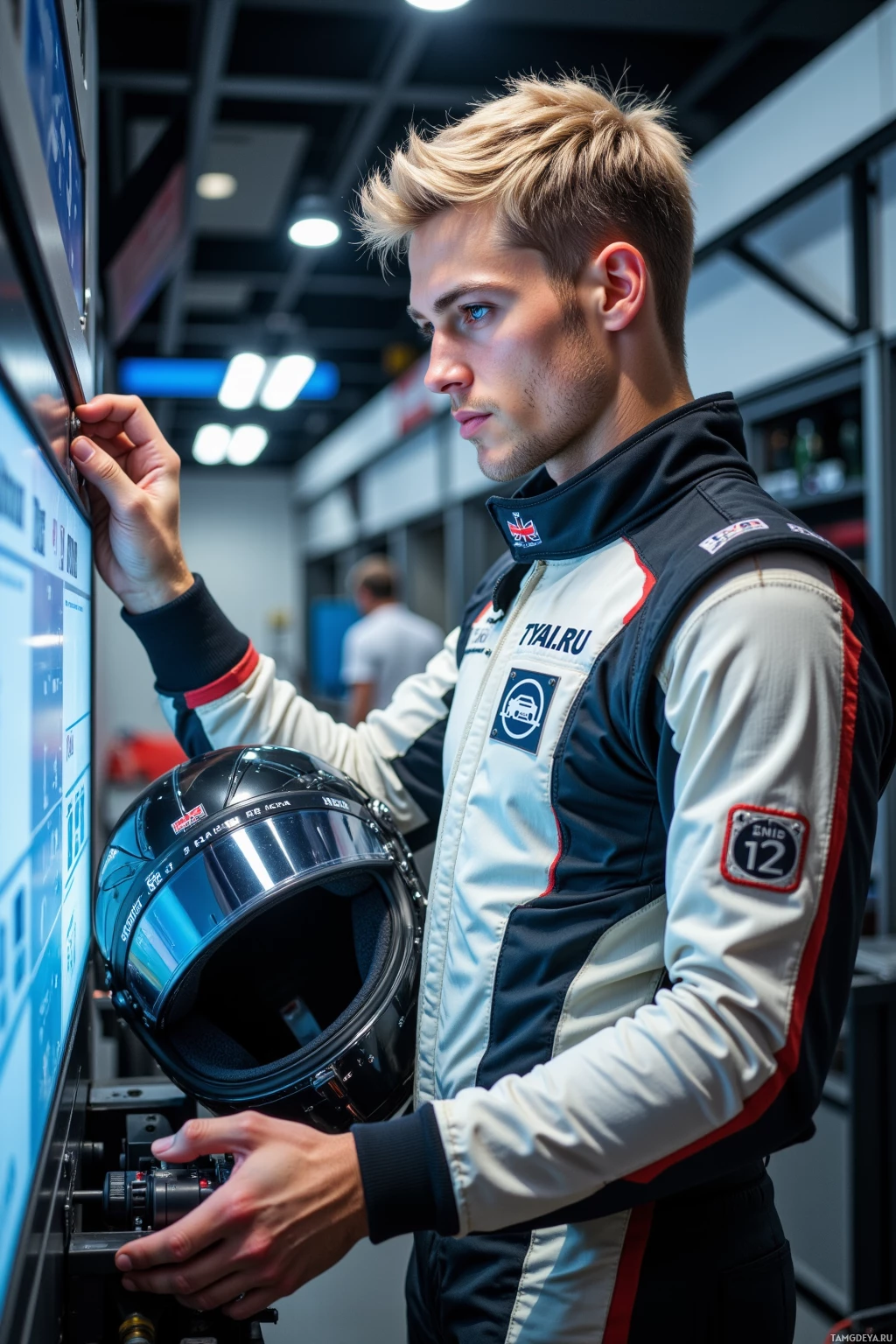 A person in racing attire is adjusting equipment near a display screen and holding a helmet.