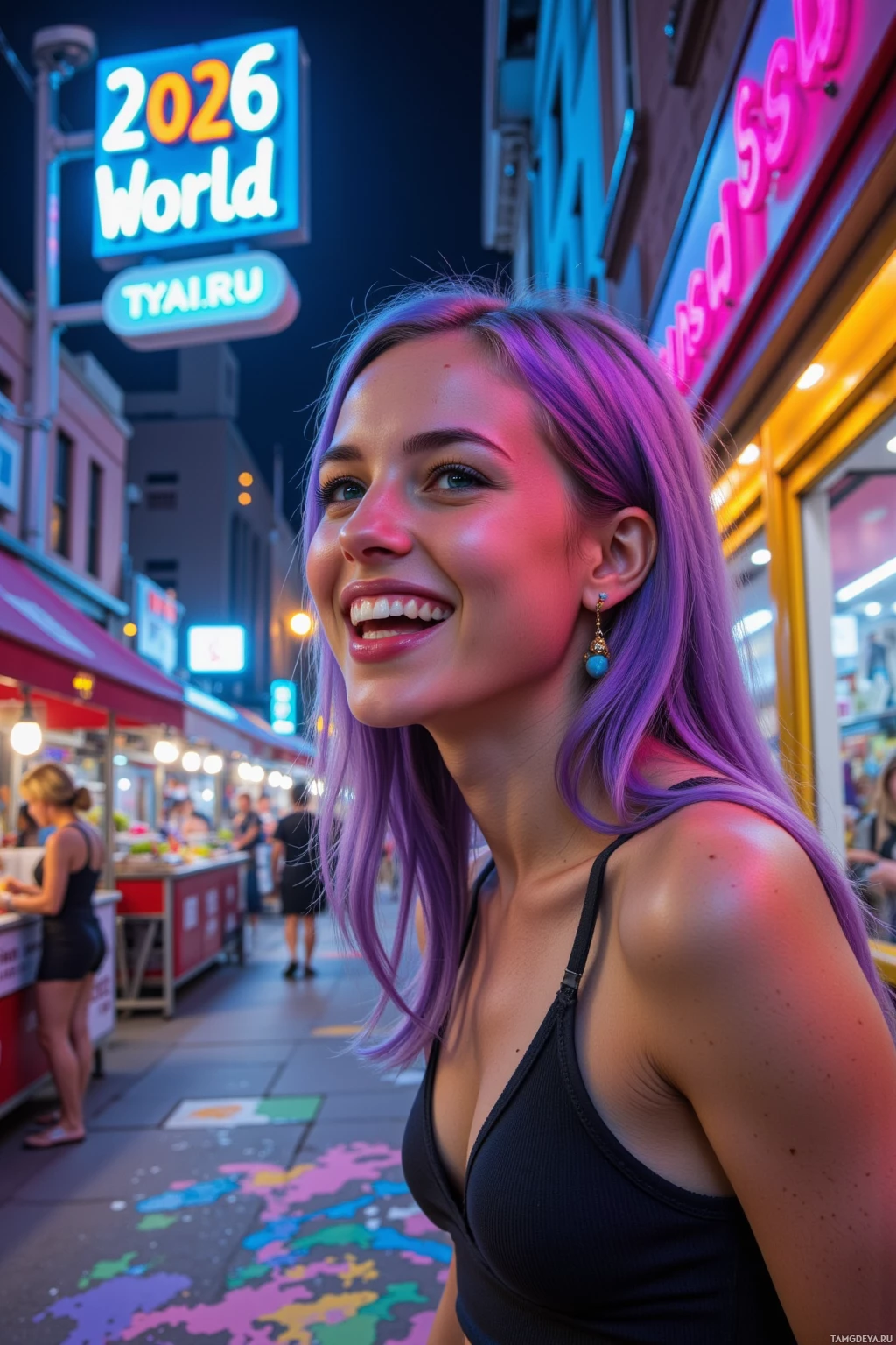 A person with purple hair smiles in a vibrant, neon-lit street scene.