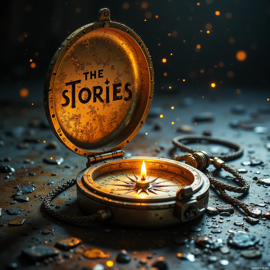 An open compass with "THE STORIES" engraved on its lid sits atop a wet surface amidst glowing particles in the background.