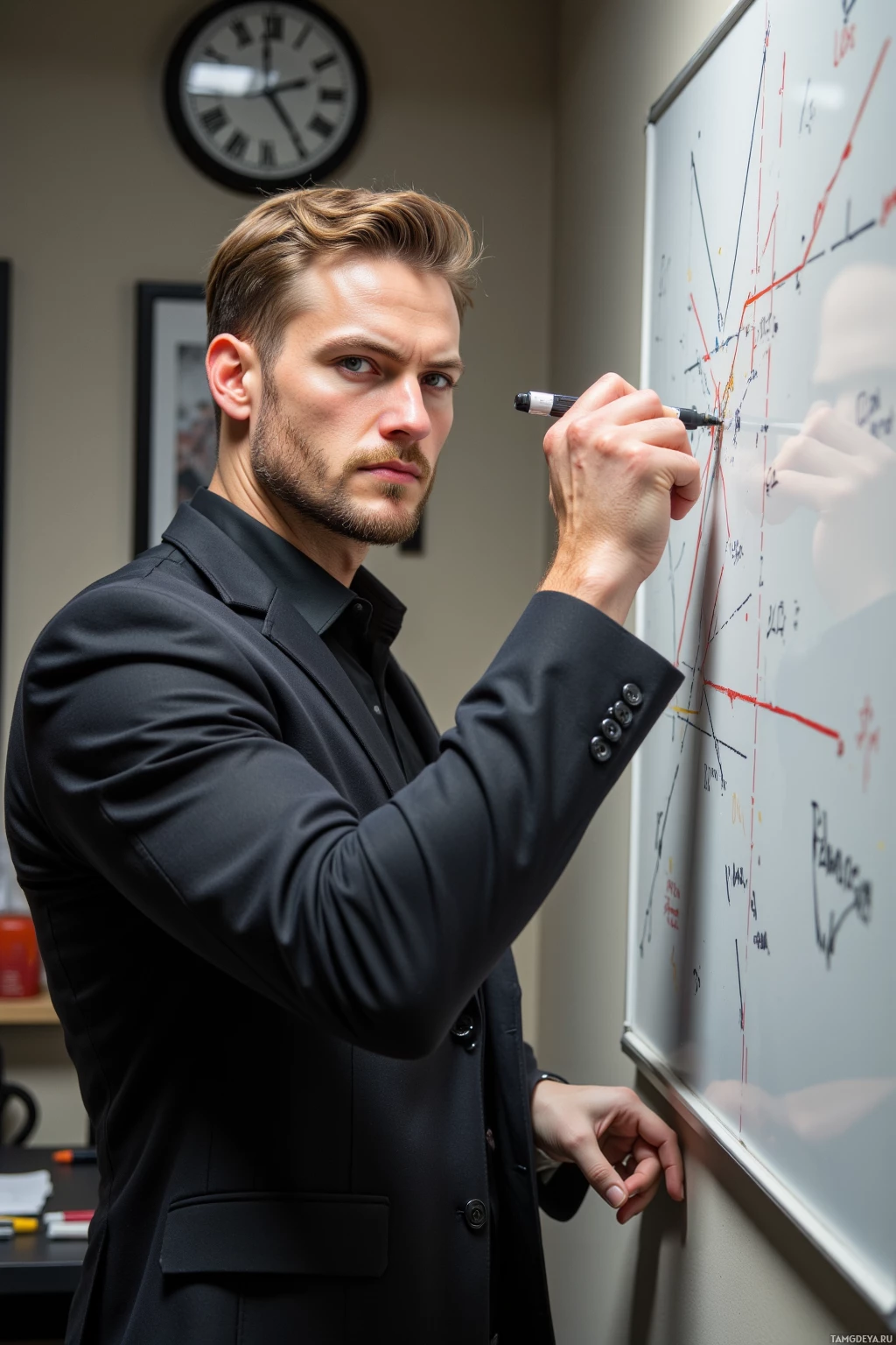 A man in a suit is writing on a whiteboard with a marker.