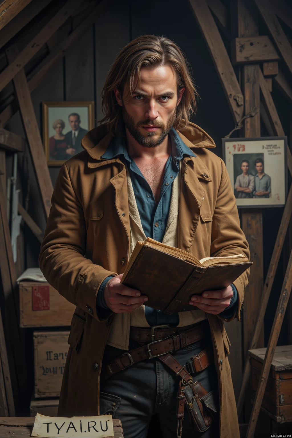 A man in a brown coat holds an open book in a rustic setting.