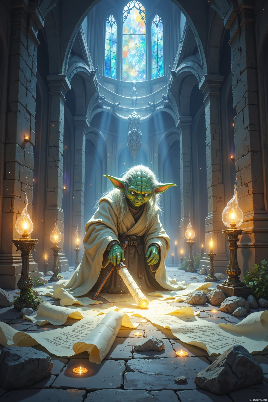 A green-skinned character in robes is seated amidst scrolls and candles within an ornate stone chamber with stained glass windows.