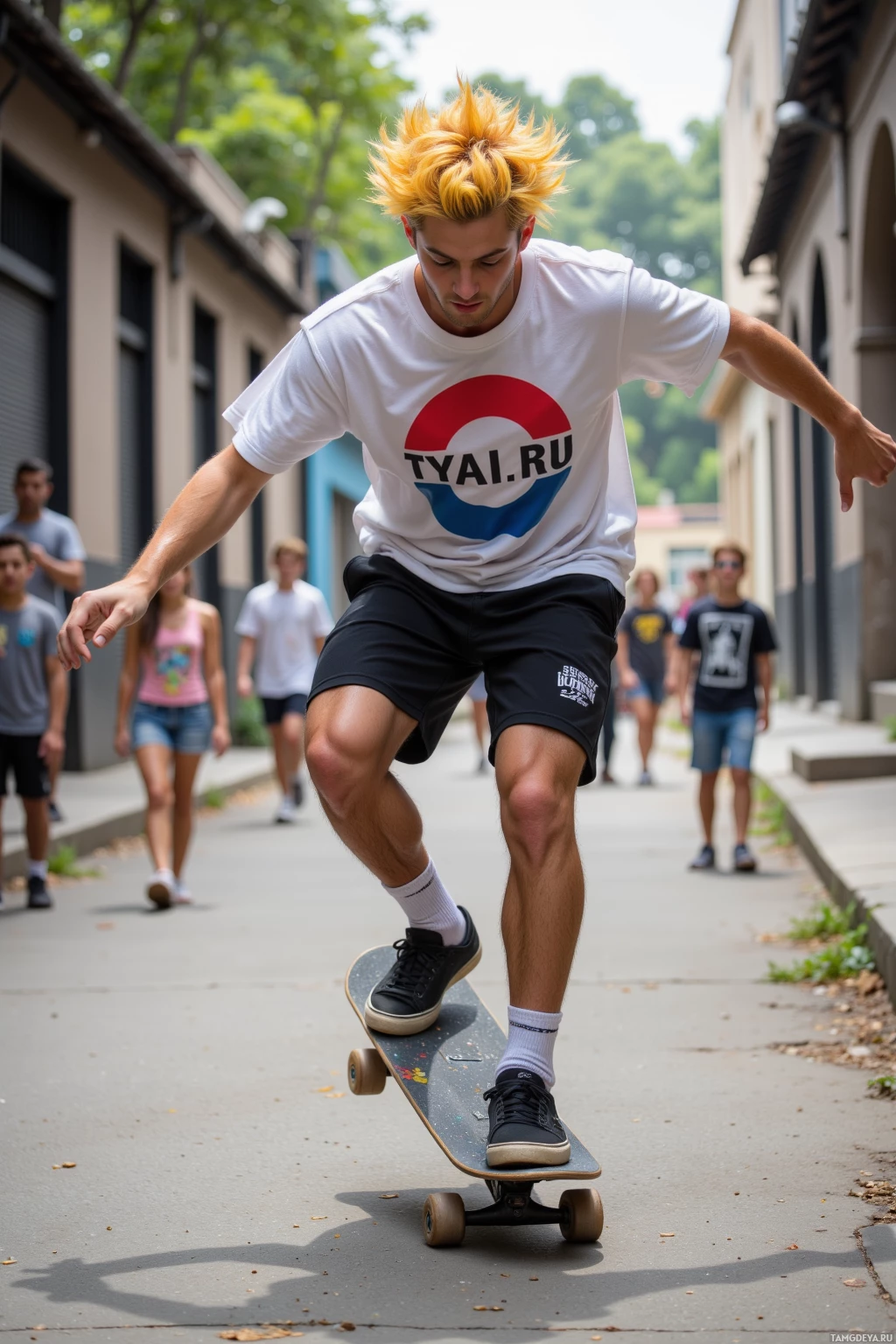 A person skateboards down a street, wearing a white t-shirt with a logo and black shorts.