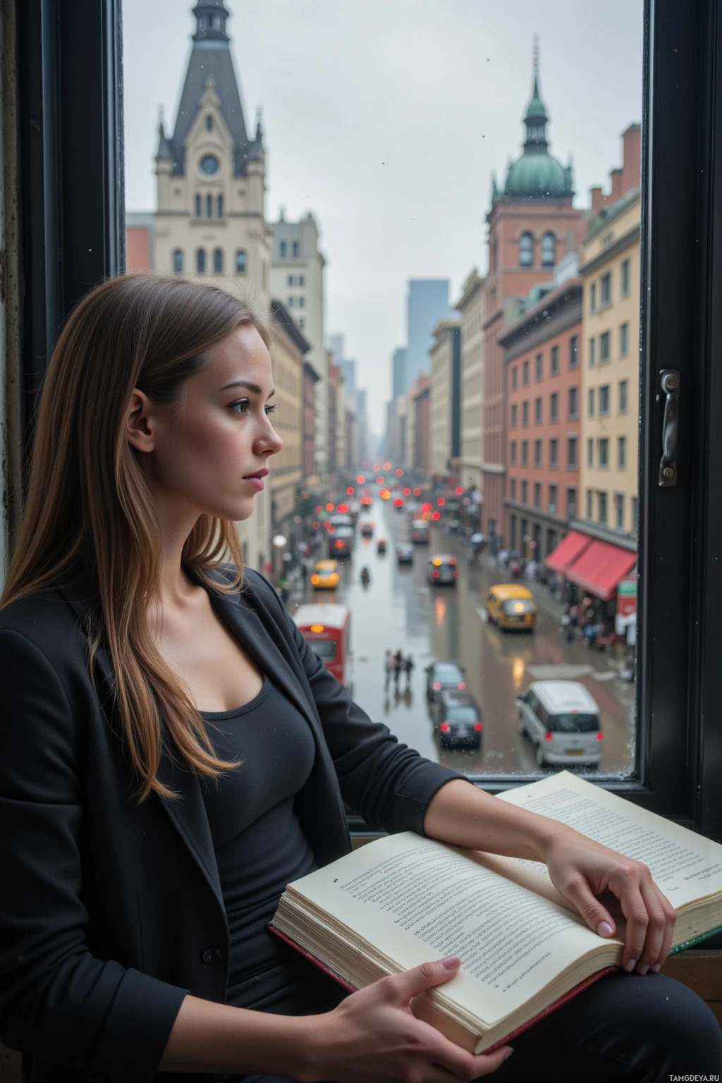 A person sits by a window, holding an open book, gazing out at a busy city street.