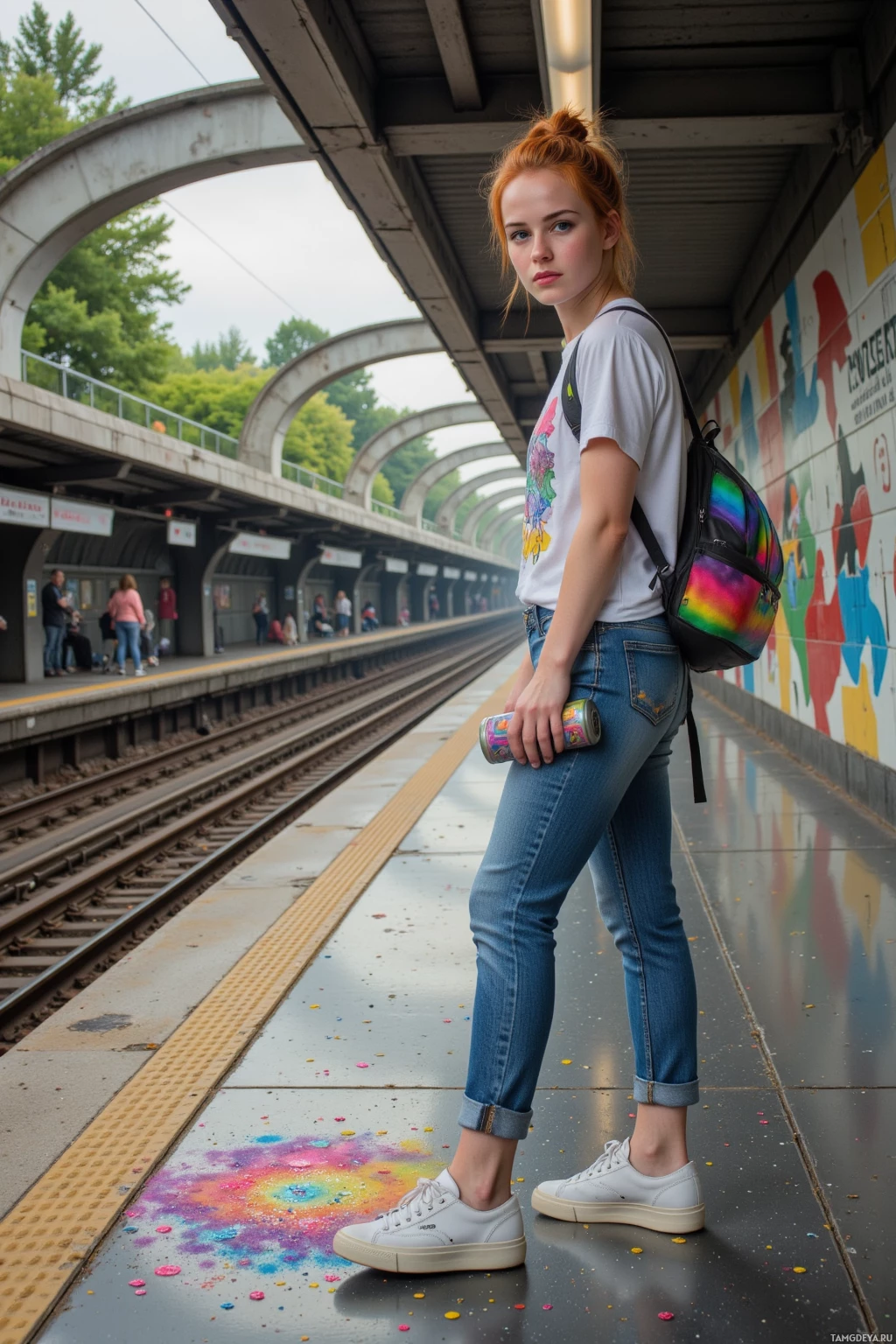A person stands on a train platform holding a can, wearing a white t-shirt, jeans, and white sneakers.