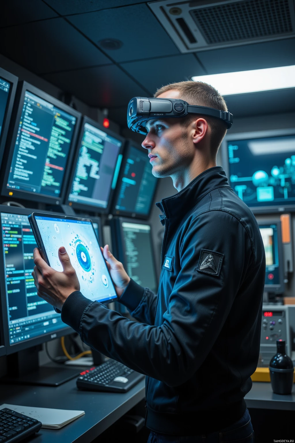 A person wearing a headset and holding a tablet in a control room with multiple monitors.