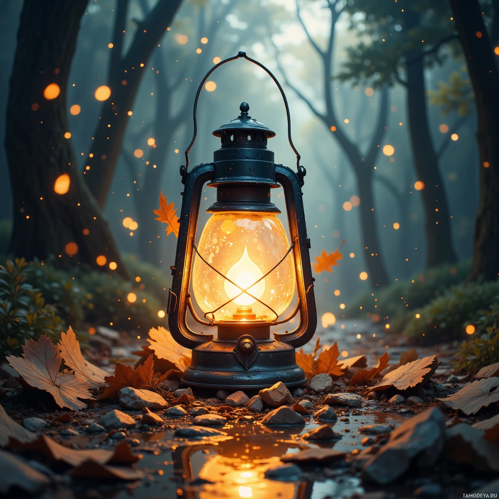 A glowing lantern sits on a forest path surrounded by autumn leaves and mist.