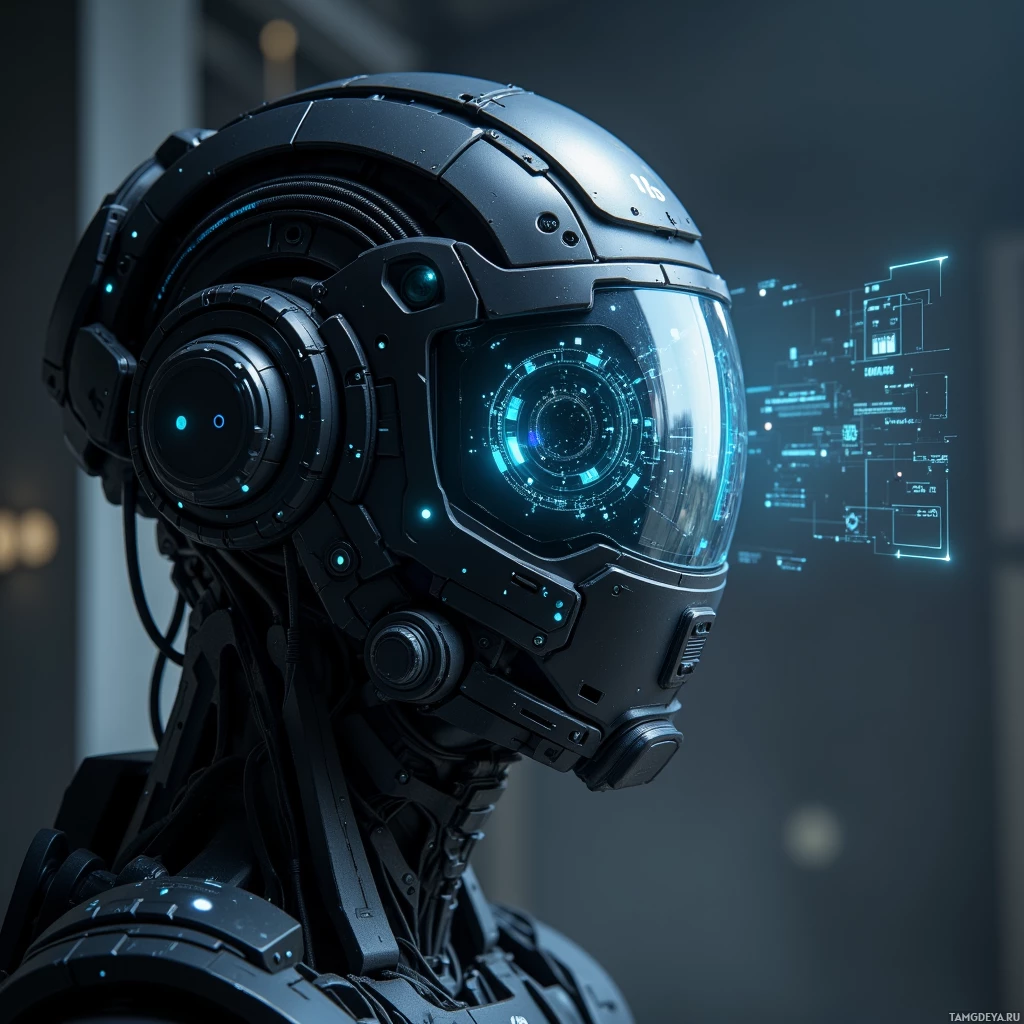 A futuristic robot with a sleek, black design and glowing blue lights.