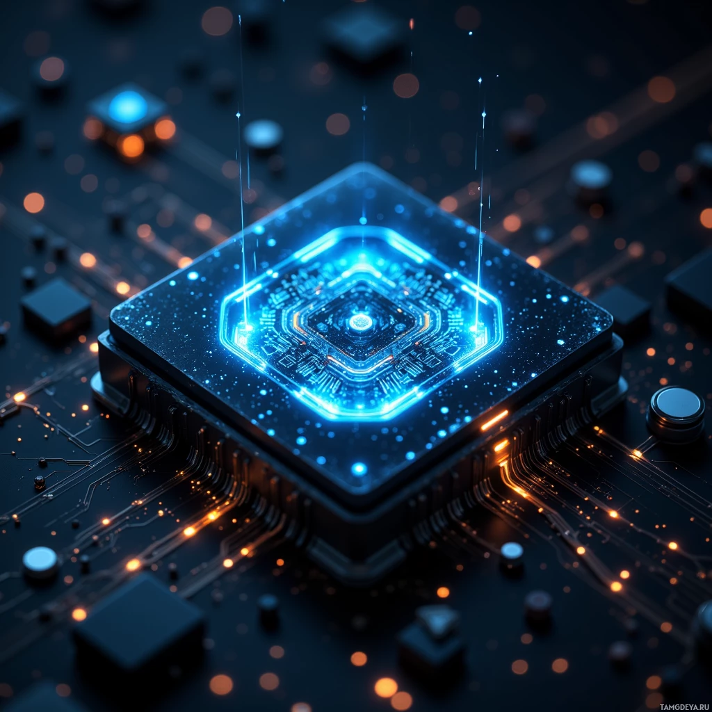 A glowing blue circuit board with intricate patterns and glowing lights.