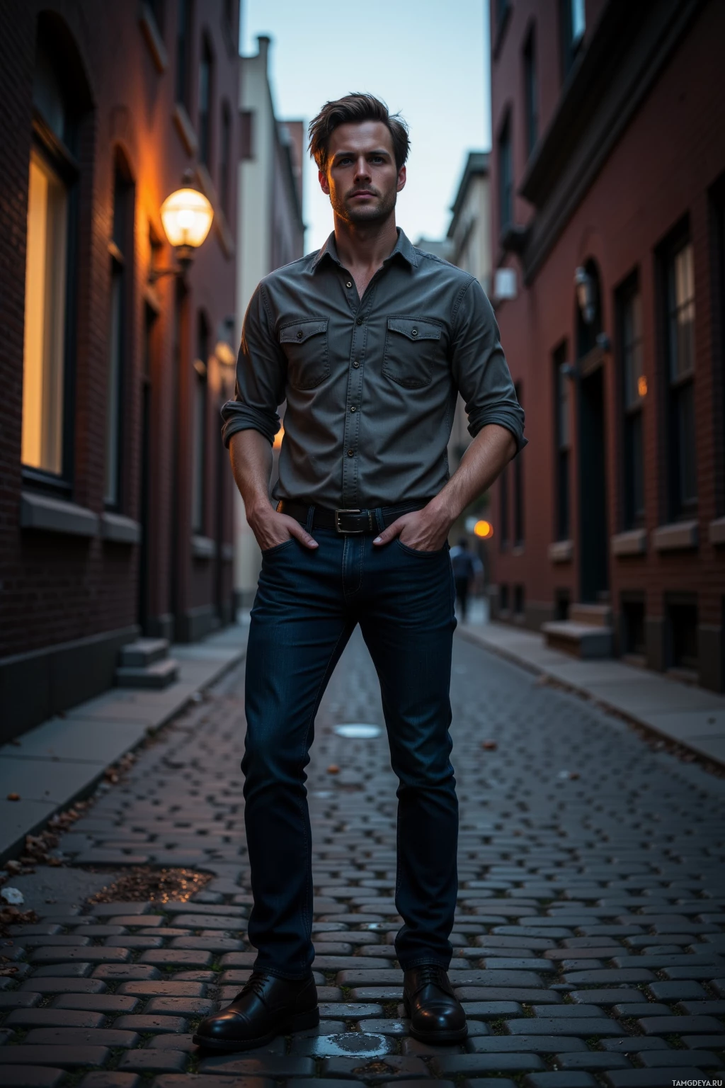 A person stands confidently in a narrow alleyway, wearing a dark shirt and jeans.