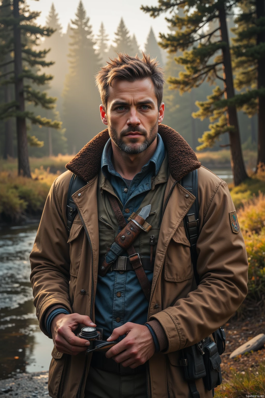 A man in outdoor attire stands in a forested area near a stream.