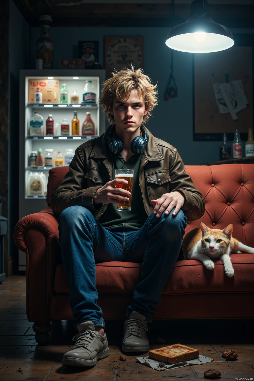 A person sits on a red couch holding a glass of beer, with a cat resting nearby and a refrigerator in the background.