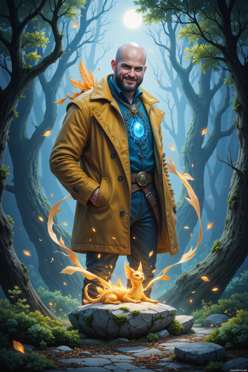 A man in a yellow coat stands in a forest with a glowing blue orb and a mythical creature beside him.