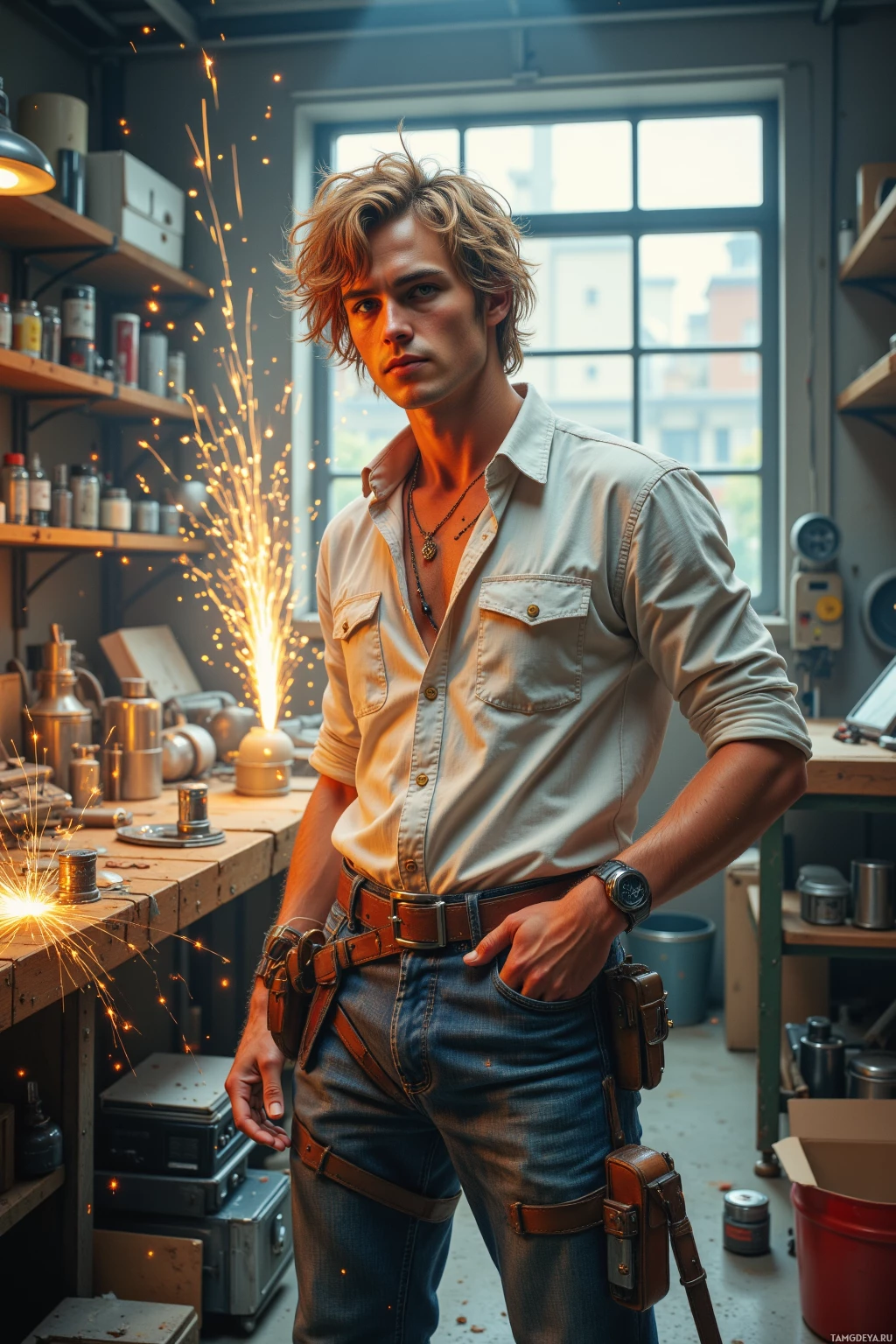 A person stands in a workshop with sparks flying, wearing a light-colored shirt and jeans with a tool belt.