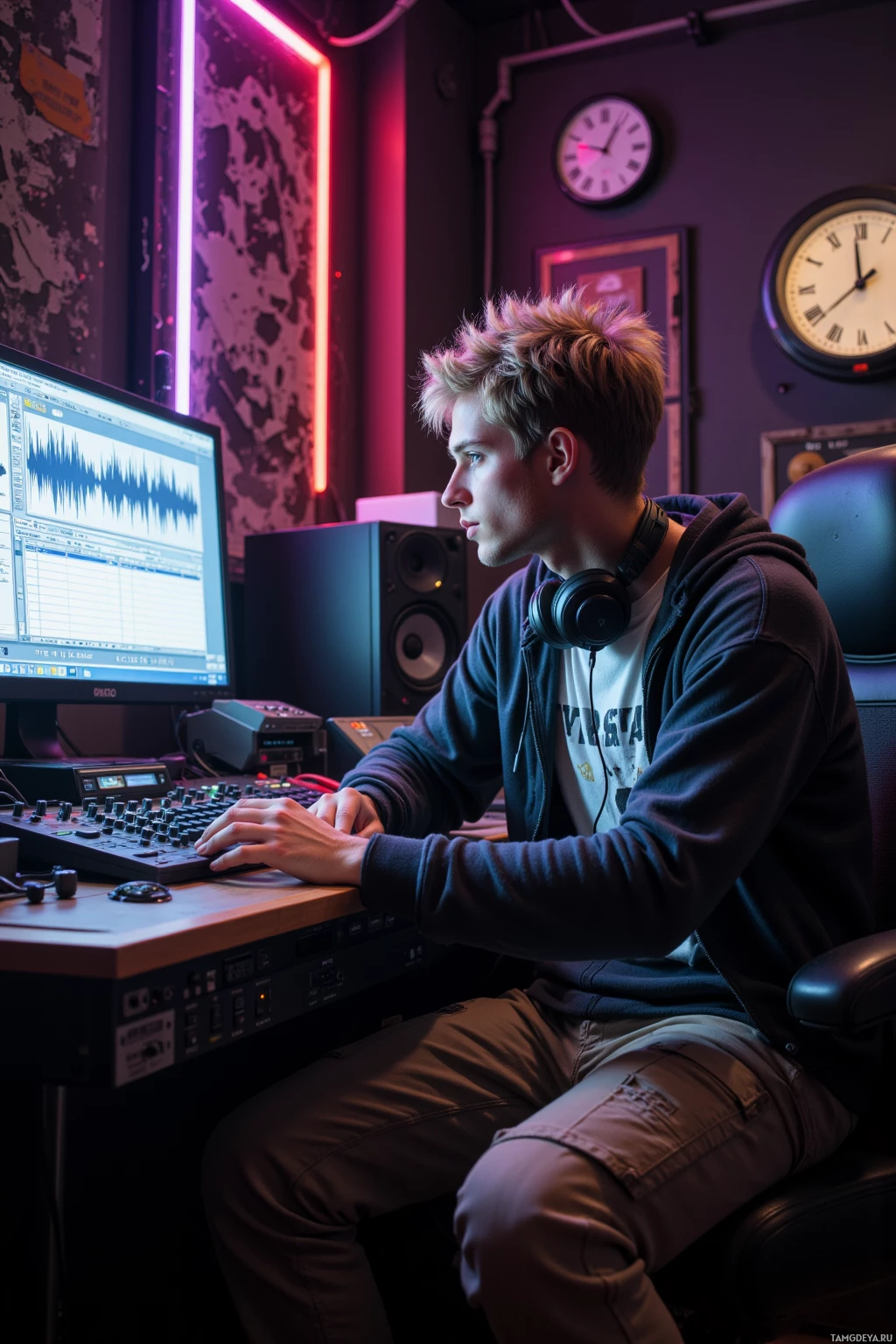 A person is working in a music production studio, using a computer and audio equipment.