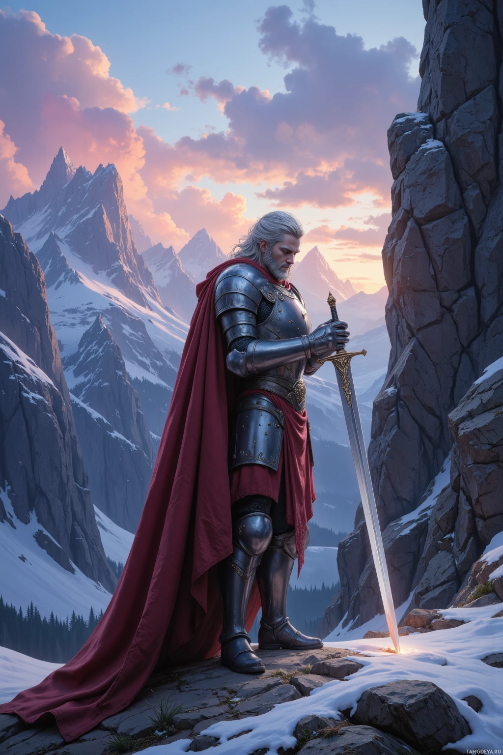 A knight in armor stands on a snowy mountain peak at sunset, holding a sword with a glowing hilt.